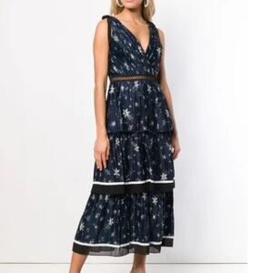 Self Portrait Tiered Star Satin Printed Dress Navy Pleated Womens Size 10 US NWT